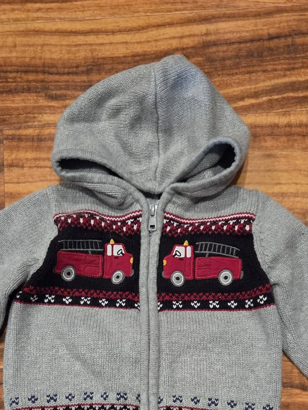Gymboree EUC 18-24 Months Gray Hooded Zip Sweater w/ Firetruck Fair Isle Print